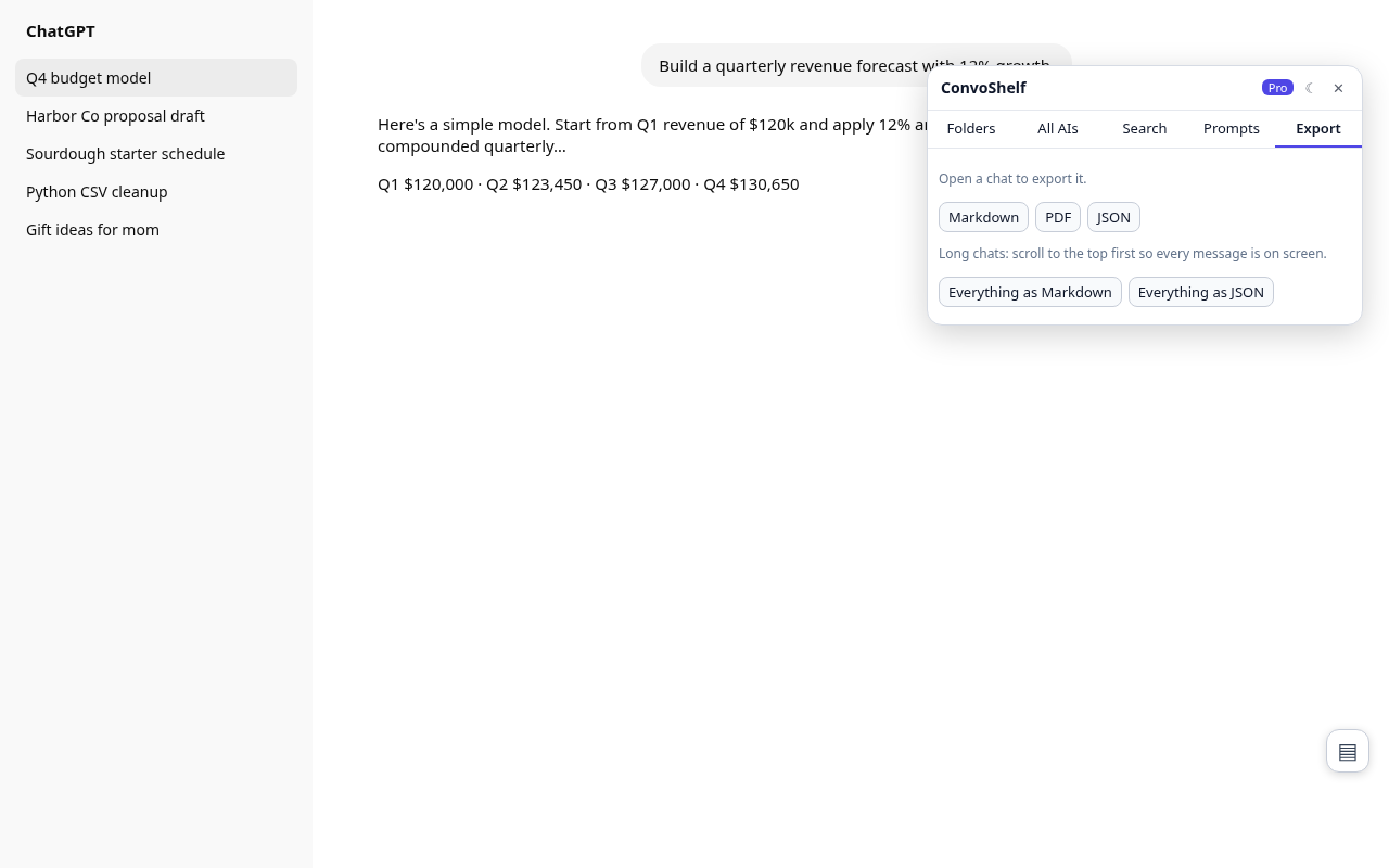 ConvoShelf export options for Markdown and PDF