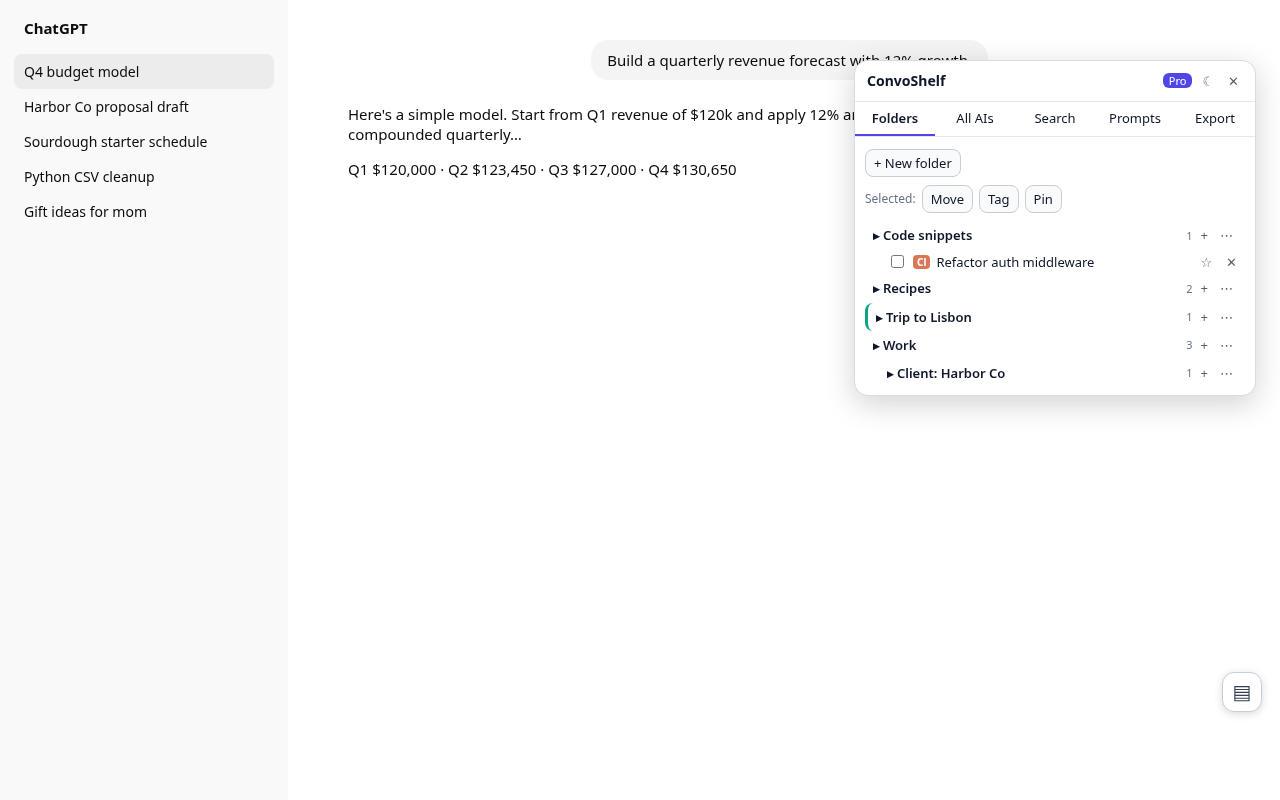 ConvoShelf folders panel on ChatGPT