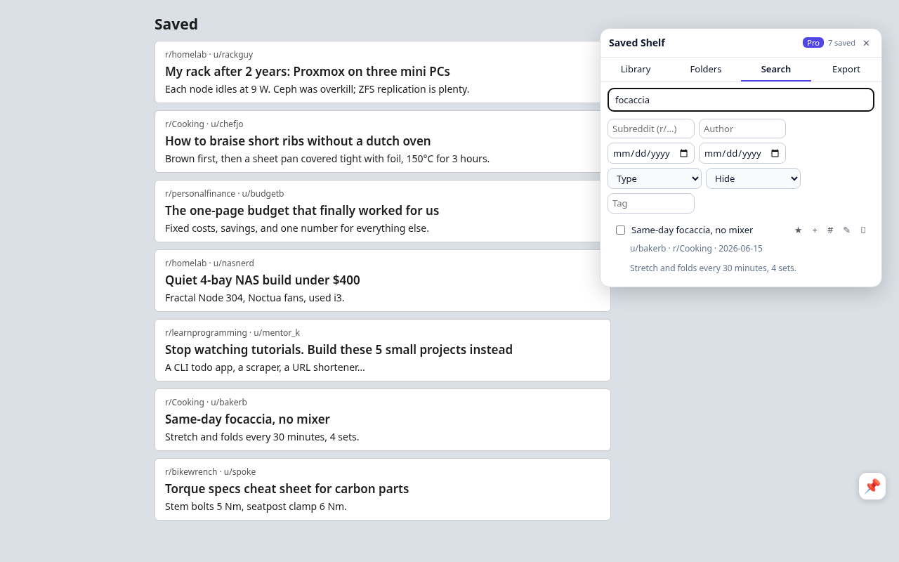 Saved Shelf search panel