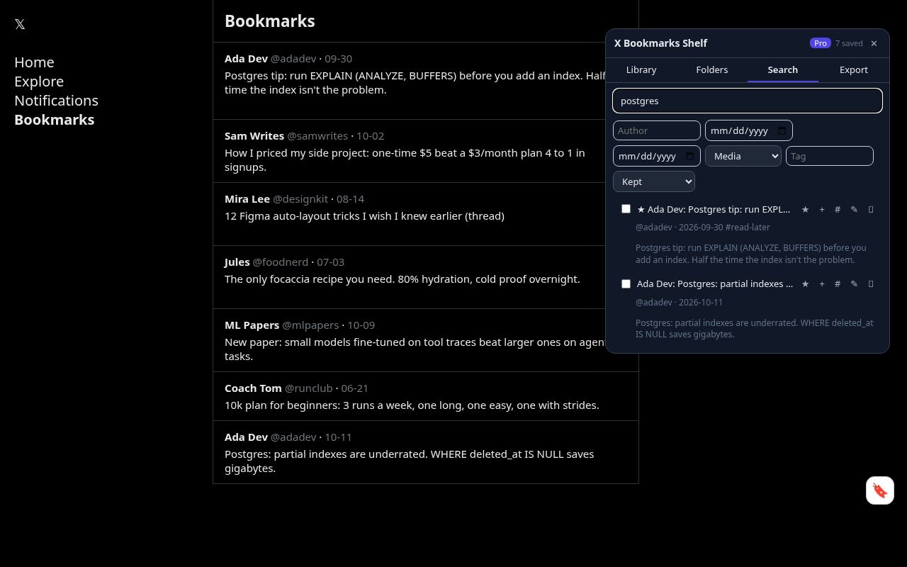 X Bookmarks Shelf search panel